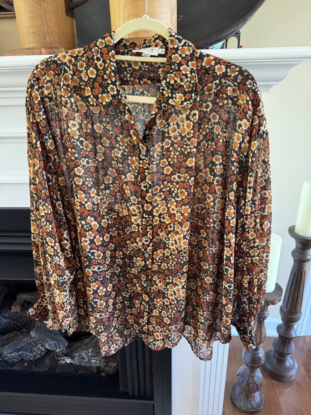 Molly Bracken Black Floral Blouse with Brown & Orange Blooms